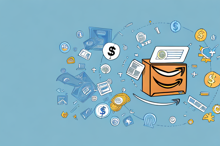 An amazon package surrounded by digital marketing icons like a mouse click and a dollar sign