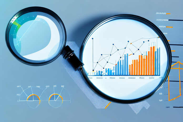 A magnifying glass focusing on a computer screen displaying a bar graph and pie chart
