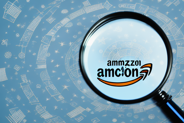 A magnifying glass over an amazon package surrounded by upward-pointing arrows and symbols of success like stars and trophies