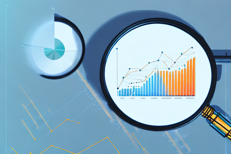 A magnifying glass focusing on a computer screen displaying a bar graph and pie chart