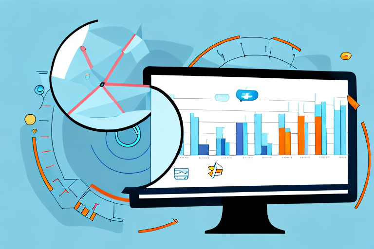 A magnifying glass hovering over a computer screen showing charts and graphs symbolizing data analysis