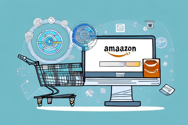 An amazon shopping cart surrounded by digital marketing symbols like a click cursor