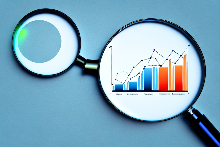 A magnifying glass focusing on a computer screen displaying a bar graph and pie chart
