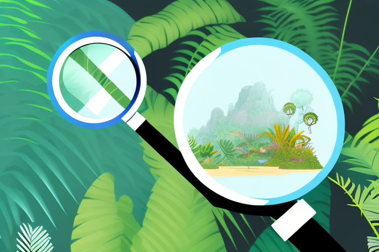 A magnifying glass hovering over a stylized representation of an amazon jungle landscape