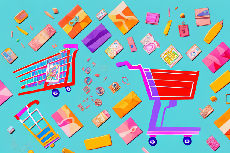A vibrant shopping cart filled with a variety of items