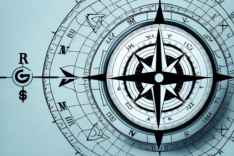 A navigational compass superimposed on an abstract representation of an amazon marketplace