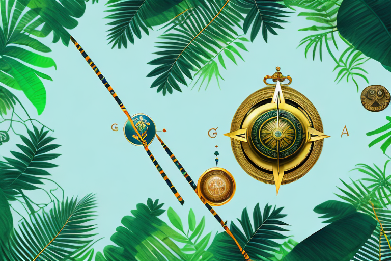 An amazon jungle setting with symbolic elements like a compass (representing guidance)