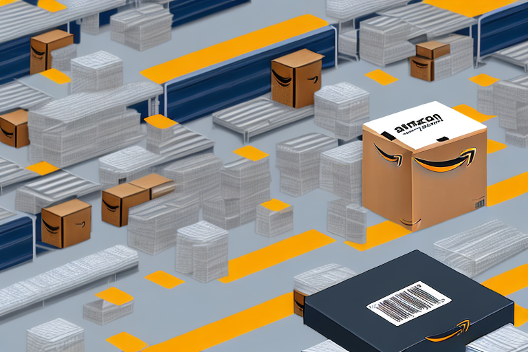 An amazon warehouse with several product boxes on conveyor belts