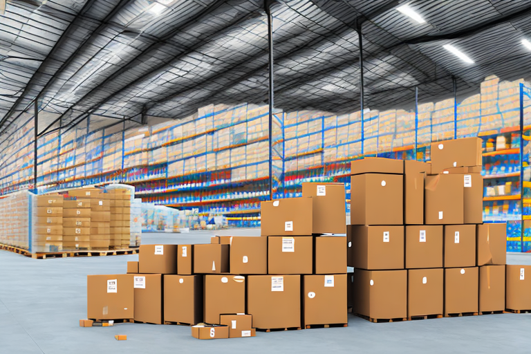 A warehouse full of various products with an amazon fba (fulfillment by amazon) box in the foreground