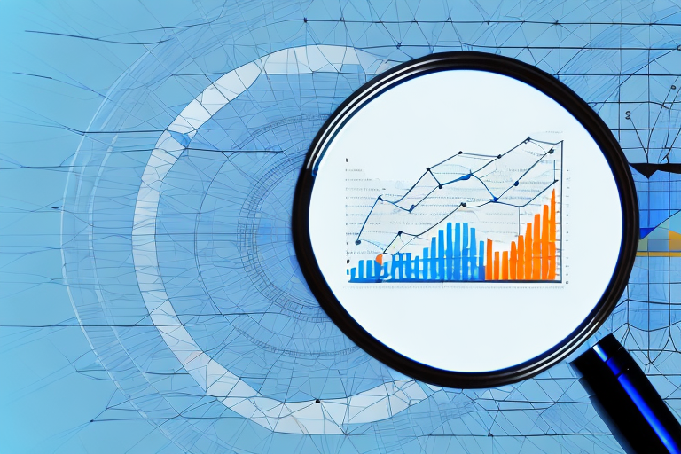 A magnifying glass hovering over a stylized computer screen displaying a series of bar graphs and pie charts