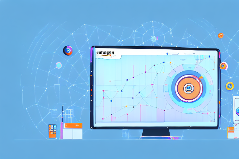 A powerful ai robot interacting with digital screens displaying bar graphs and pie charts