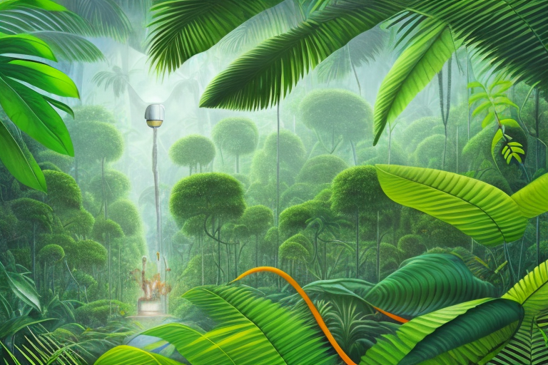 A jungle landscape with a trail leading to a large magnifying glass focusing on an amazonian plant