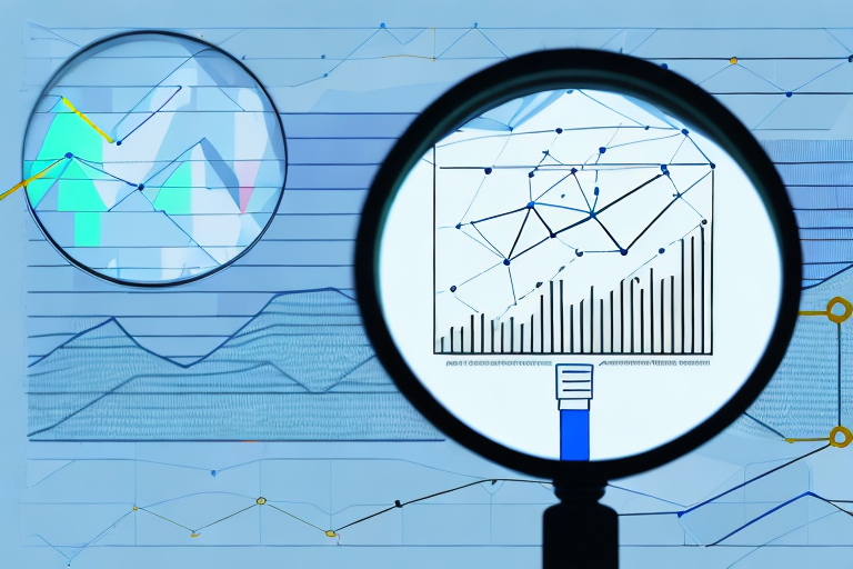 A magnifying glass hovering over a computer screen displaying graphs and charts