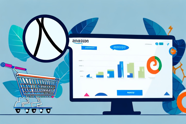 A magnifying glass focused on a computer screen displaying a graph chart and a shopping cart