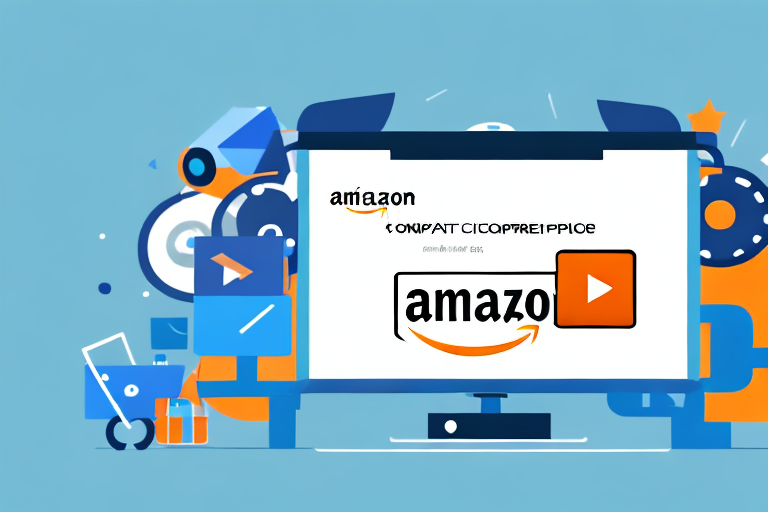 A computer screen displaying a video ad with amazon-themed elements such as a shopping cart