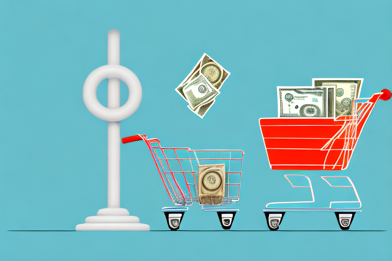 A symbolic scale balancing a shopping cart filled with money on one side and an amazon box on the other side