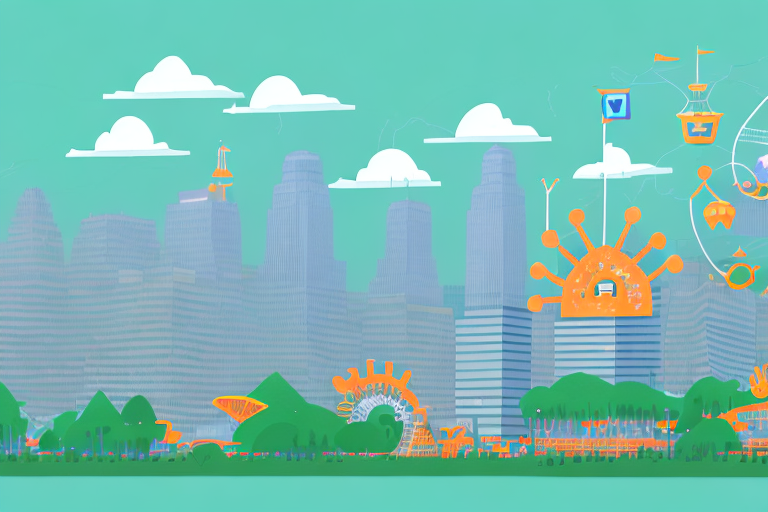 A city skyline with a cowgirl hat and amazon rainforest elements integrated