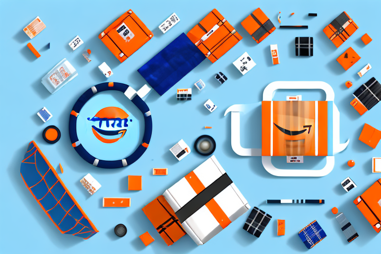 A conveyor belt with a package moving from an alibaba icon on one end to an amazon icon on the other end