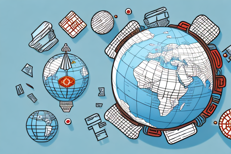 A globe with arrows pointing from china (representing alibaba) to a shopping cart (representing the buying process) and then towards usa (representing amazon) to a price tag (representing the selling process)