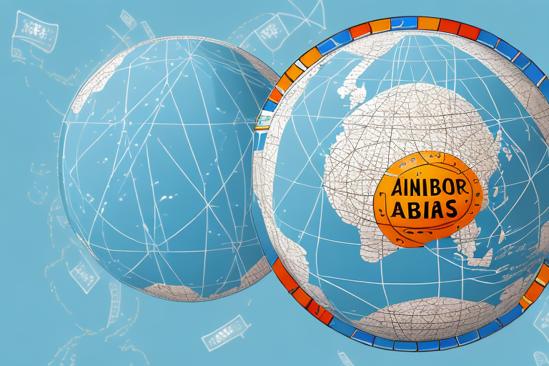 A globe with a pathway connecting china (representing alibaba) and the usa (representing amazon)