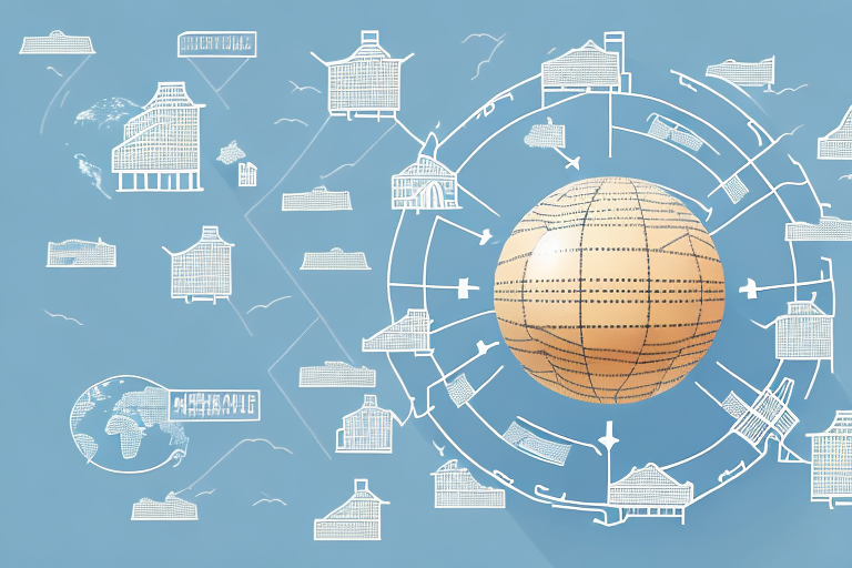 A globe showing a pathway from china (represented by a factory) to the usa (represented by a warehouse)