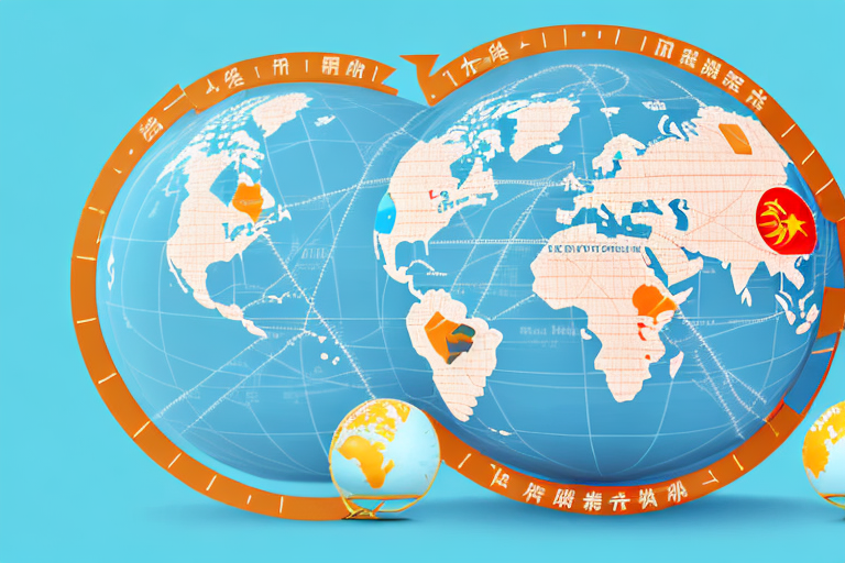 A globe showing a trade route from china to the us