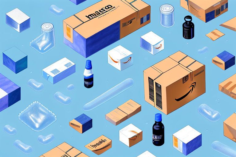 A variety of products being carefully packed into an amazon fba box with bubble wrap and other protective packaging materials