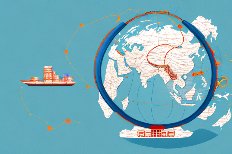 A globe showing a line connecting china (representing alibaba) to the usa (representing amazon)