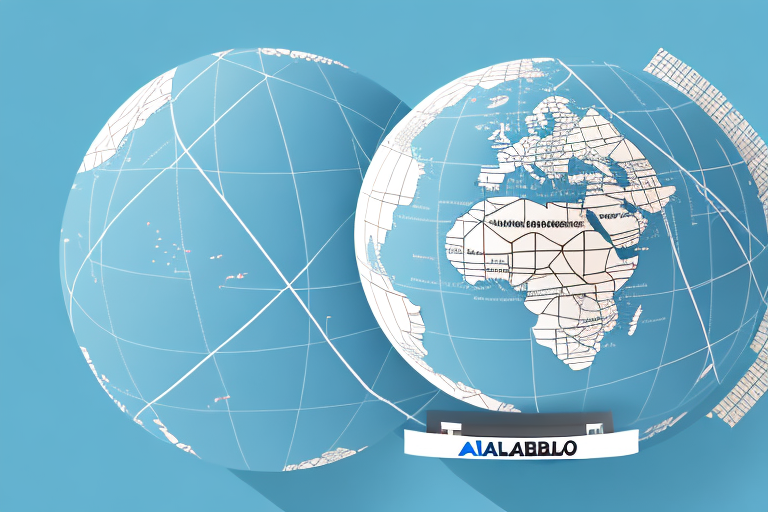 A globe with alibaba's headquarters on one side and amazon's warehouse on the other