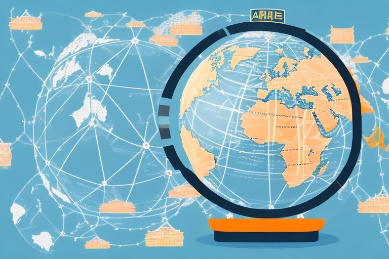 A globe with trade routes connecting china (representing alibaba) and america (representing amazon)