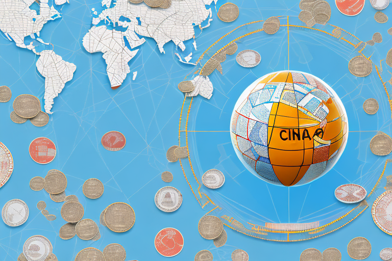 A globe with trade routes connecting china (representing alibaba) and the usa (representing amazon)