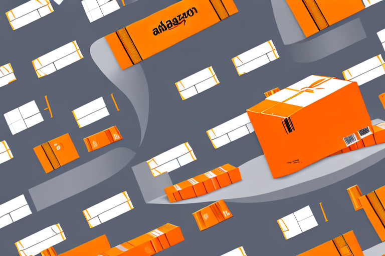 A warehouse with alibaba's signature orange packaging boxes on a conveyor belt leading towards a delivery truck with amazon's signature smile arrow