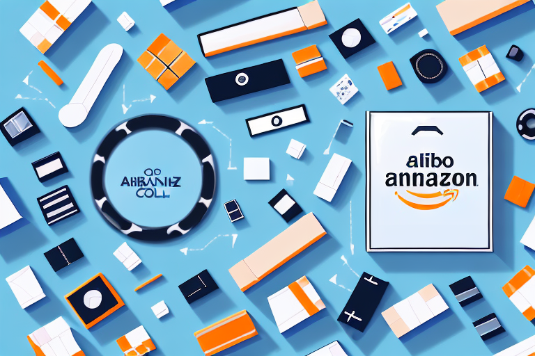 A conveyor belt with various generic products moving from a box labeled "alibaba" towards a box labeled "amazon"