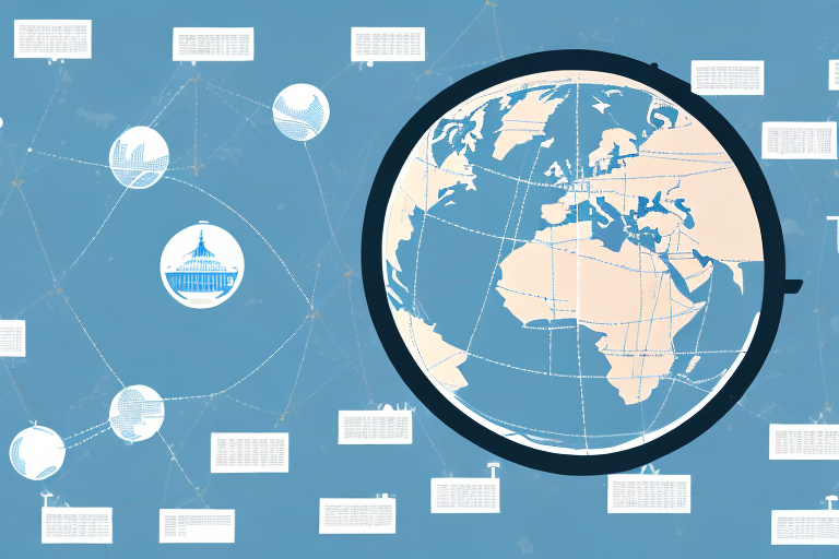 A globe with trade routes connecting china (represented by a factory) and the us (represented by a warehouse)