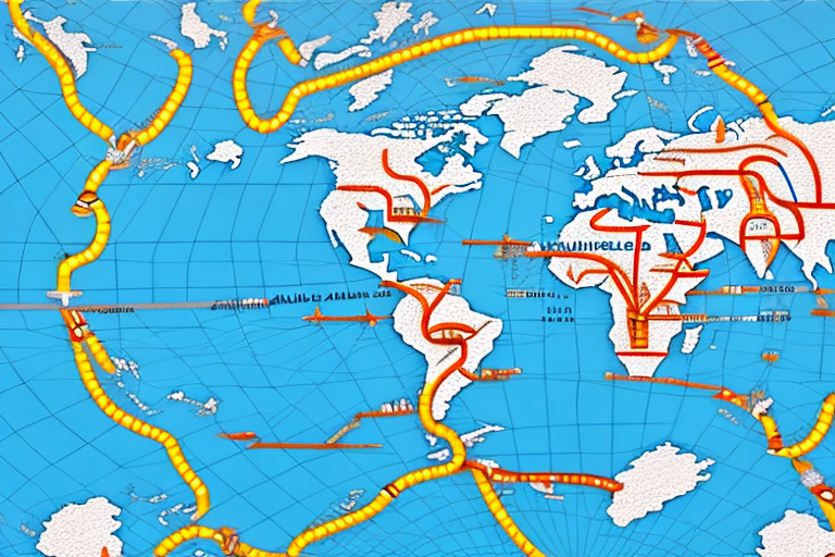 A globe showing a route from china to america