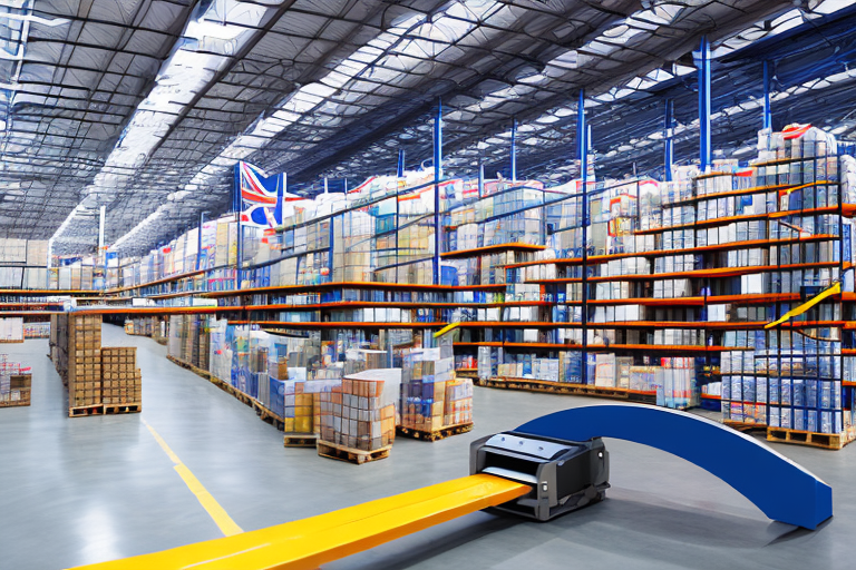 A conveyor belt filled with various types of products leading towards a large warehouse with the uk flag