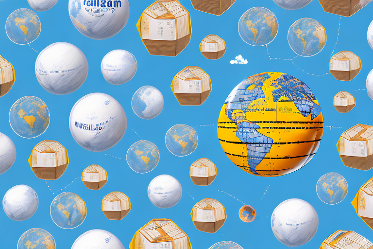 A globe with symbolic packages moving from amazon and alibaba warehouses towards various destinations around the world