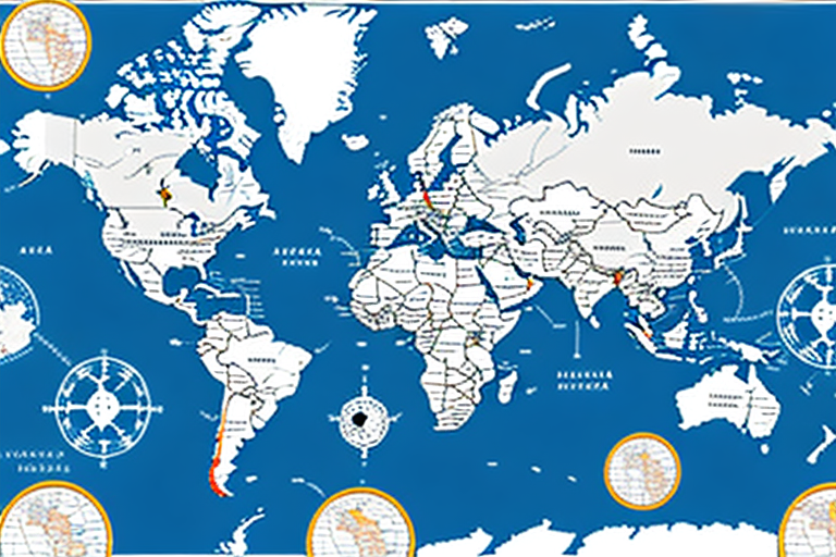 A global map showing trade routes between the us and china