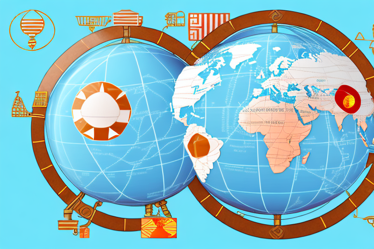 A globe showing a trade route from china to the us