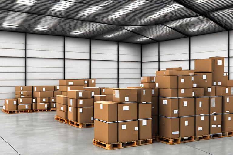 A warehouse with several sealed boxes ready for shipment