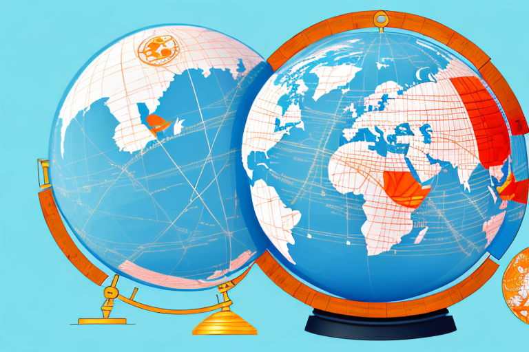 A globe with trade routes flowing from china (representing alibaba) to the united states (representing amazon)