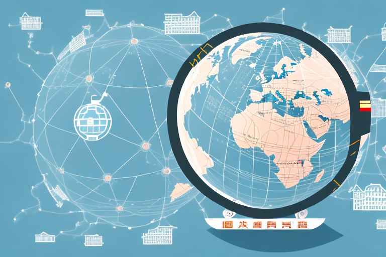 A globe with trade routes connecting china (representing alibaba) and america (representing amazon)