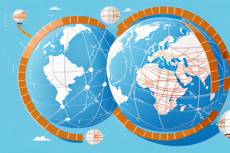 A globe with trade routes connecting china (representing alibaba) and the united states (representing amazon)