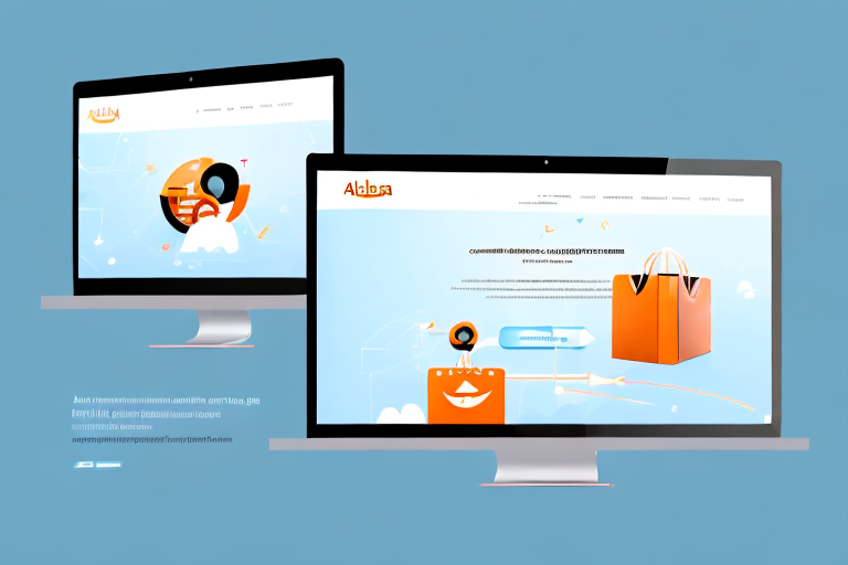 A computer screen displaying the alibaba website on one side and the amazon website on the other