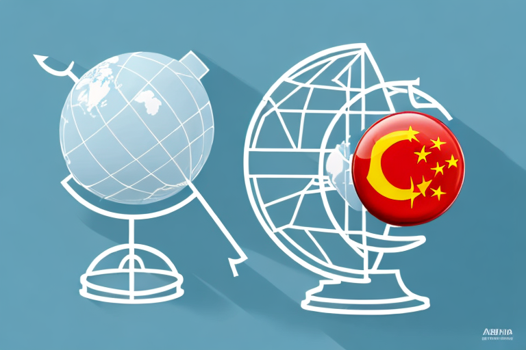 A globe with arrows moving from china (represented by a small factory icon) to the usa (represented by a shopping cart icon)