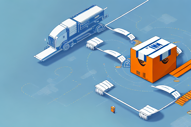 A conveyor belt with a box moving from an alibaba icon on one end to an amazon icon on the other end