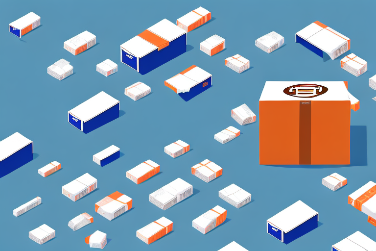 A conveyor belt with boxes moving from a symbol representing alibaba (like a shopping cart) to a symbol representing amazon (like a package)