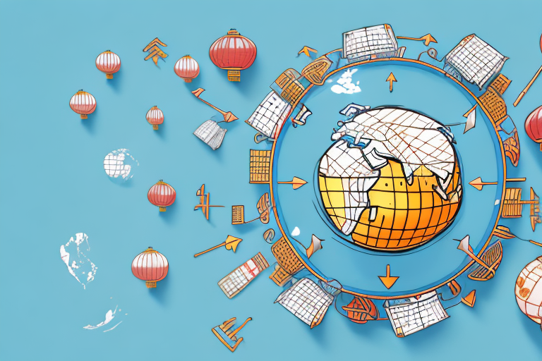 A globe with arrows flowing from china (representing alibaba) to a shopping cart (representing buying) and then from the shopping cart to a box (representing selling) on the usa (representing amazon)