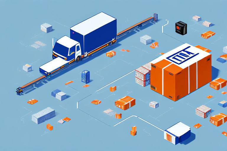 A conveyor belt transporting a box labeled with generic product symbols from an alibaba warehouse to an amazon delivery truck