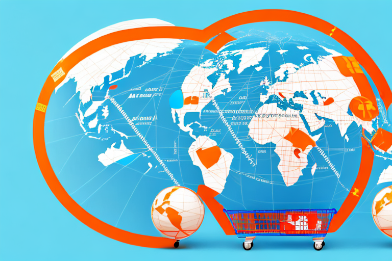 A globe showing a route from china (representing alibaba) to the usa (representing amazon)